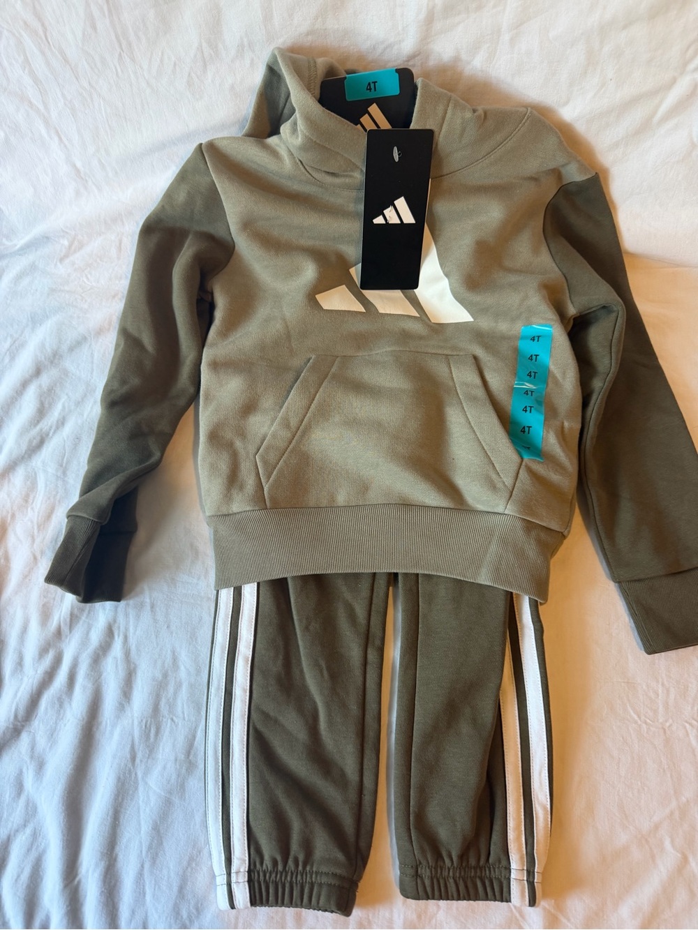adidas Kids Olive Green Hoodie & Jogger Set with White Stripes - 4T